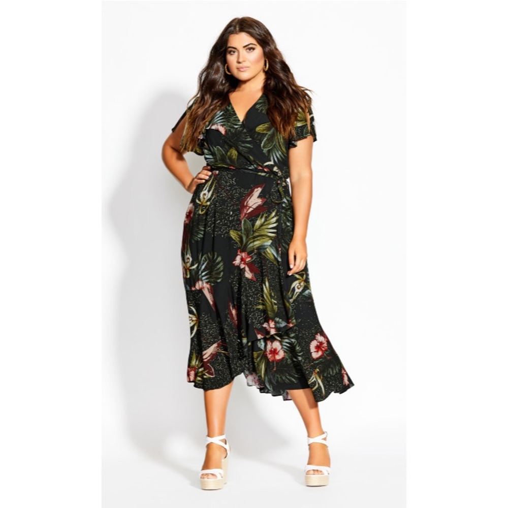 City Chic | Phuket Frill Midi Wrap Dress Green Black Tropical Floral Size 14